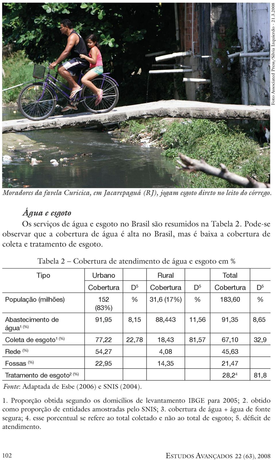 Tabela 2 Cobertura de atendimento de água e esgoto em % Tipo Urbano Rural Total Cobertura D5 Cobertura D5 Cobertura D5 População (milhões) 152 (83%) % 31,6 (17%) % 183,60 % Abastecimento de água1 (%)