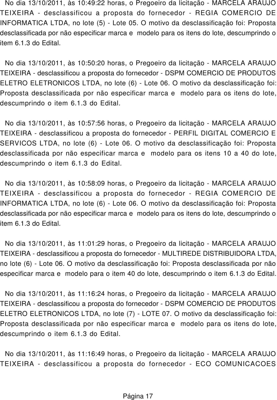 MARCELA ARAUJO TEIXEIRA - desclassificou a proposta do fornecedor - DSPM COMERCIO DE PRODUTOS ELETRO ELETRONICOS LTDA, no lote (6) - Lote 06.