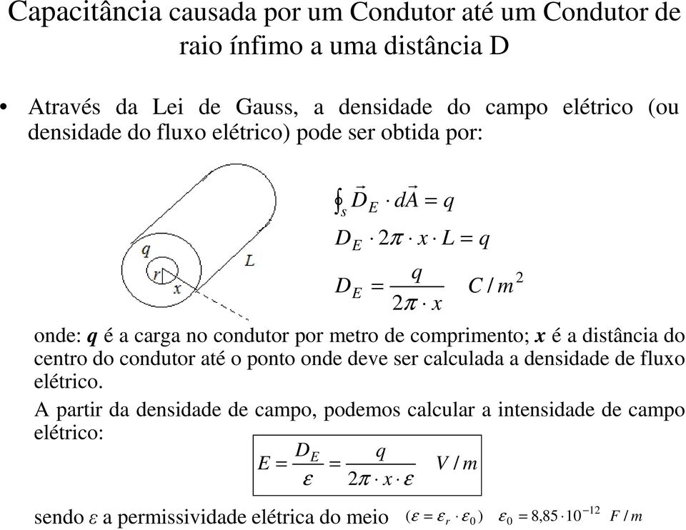 compimento; x é a distância do cento do conduto até o ponto onde deve se calculada a densidade de fluxo elético.