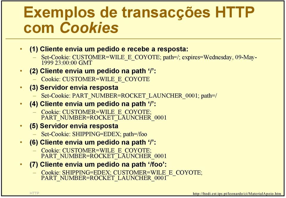 path / : Cookie: CUSTOMER=WILE_E_COYOTE; PART_NUMBER=ROCKET_LAUNCHER_0001 (5) Servidor envia resposta Set-Cookie: SHIPPING=EDEX; path=/foo (6) Cliente envia um pedido na path / :