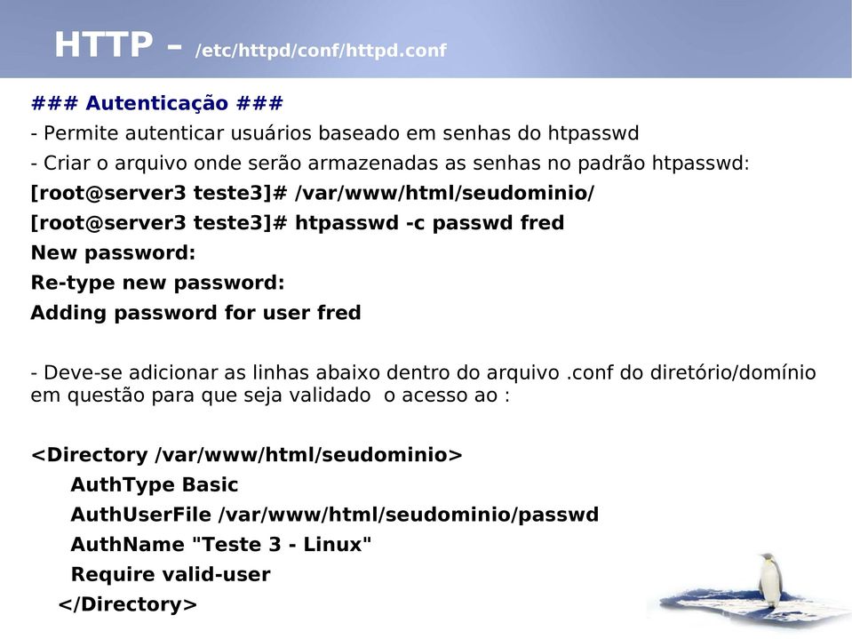 [root@server3 teste3]# /var/www/html/seudominio/ [root@server3 teste3]# htpasswd -c passwd fred New password: Re-type new password: Adding password for user