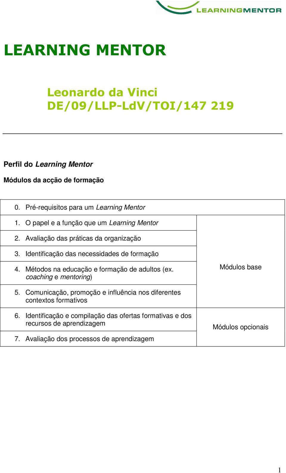Identificação das necessidades de formação 4. Métodos na educação e formação de adultos (ex. coaching e mentoring) Módulos base 5.