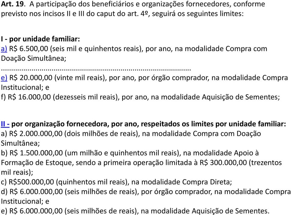 000,00 (vinte mil reais), por ano, por órgão comprador, na modalidade Compra Institucional; e f) R$ 16.