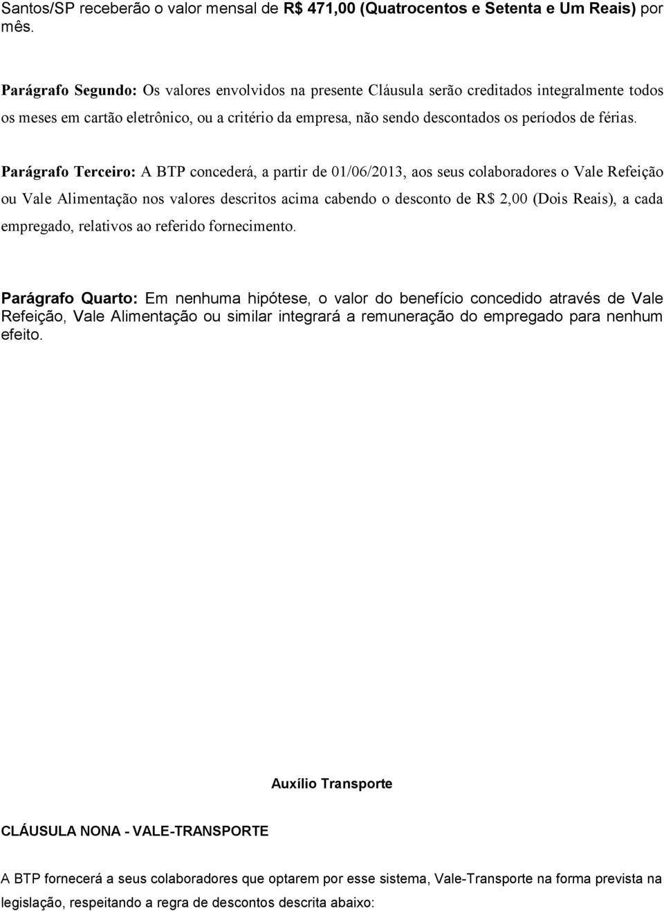 Parágrafo Terceiro: A BTP concederá, a partir de 01/06/2013, aos seus colaboradores o Vale Refeição ou Vale Alimentação nos valores descritos acima cabendo o desconto de R$ 2,00 (Dois Reais), a cada