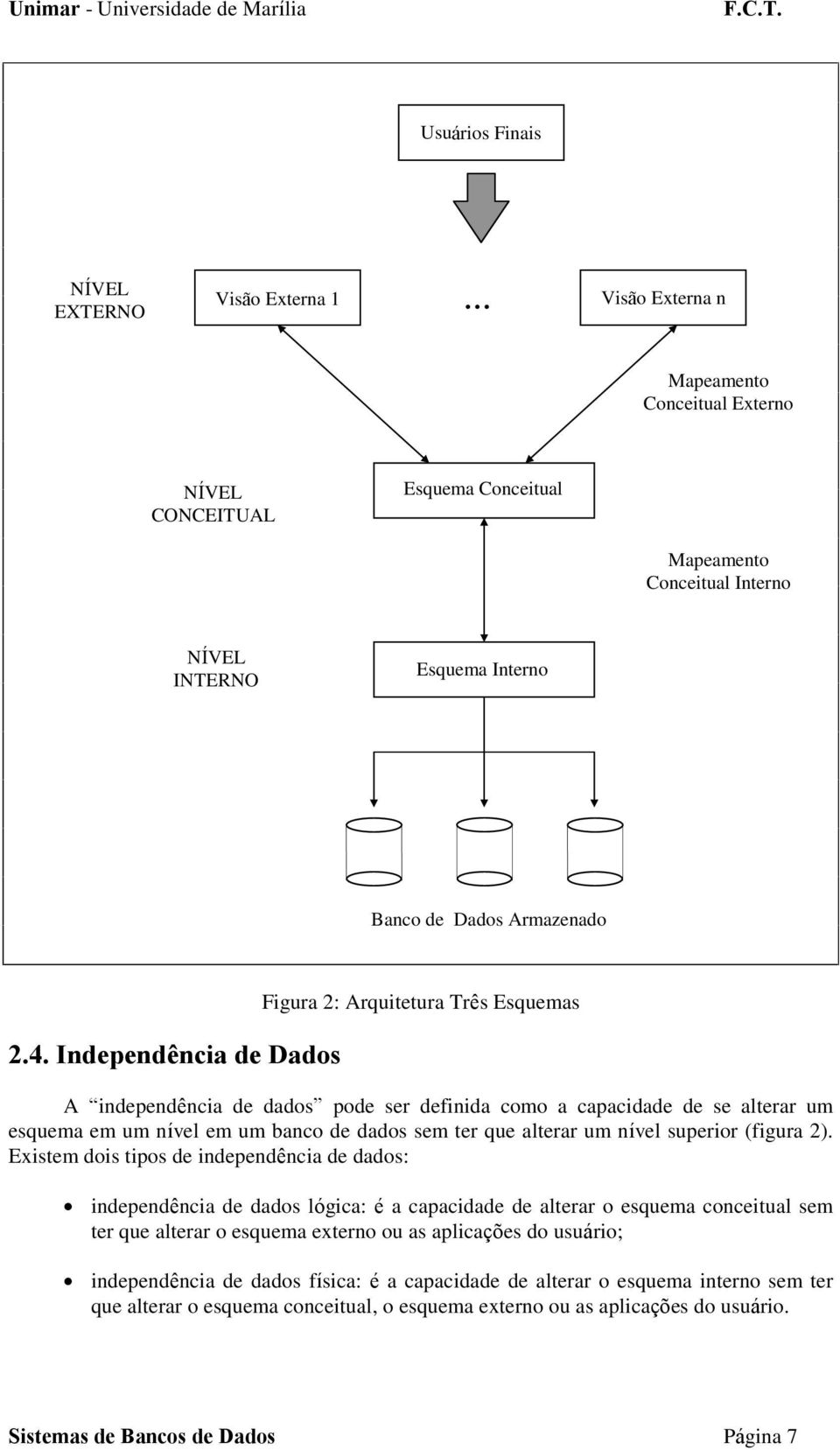 Independência de Dados Figura 2: Arquitetura Três Esquemas A independência de dados pode ser definida como a capacidade de se alterar um esquema em um nível em um banco de dados sem ter que alterar