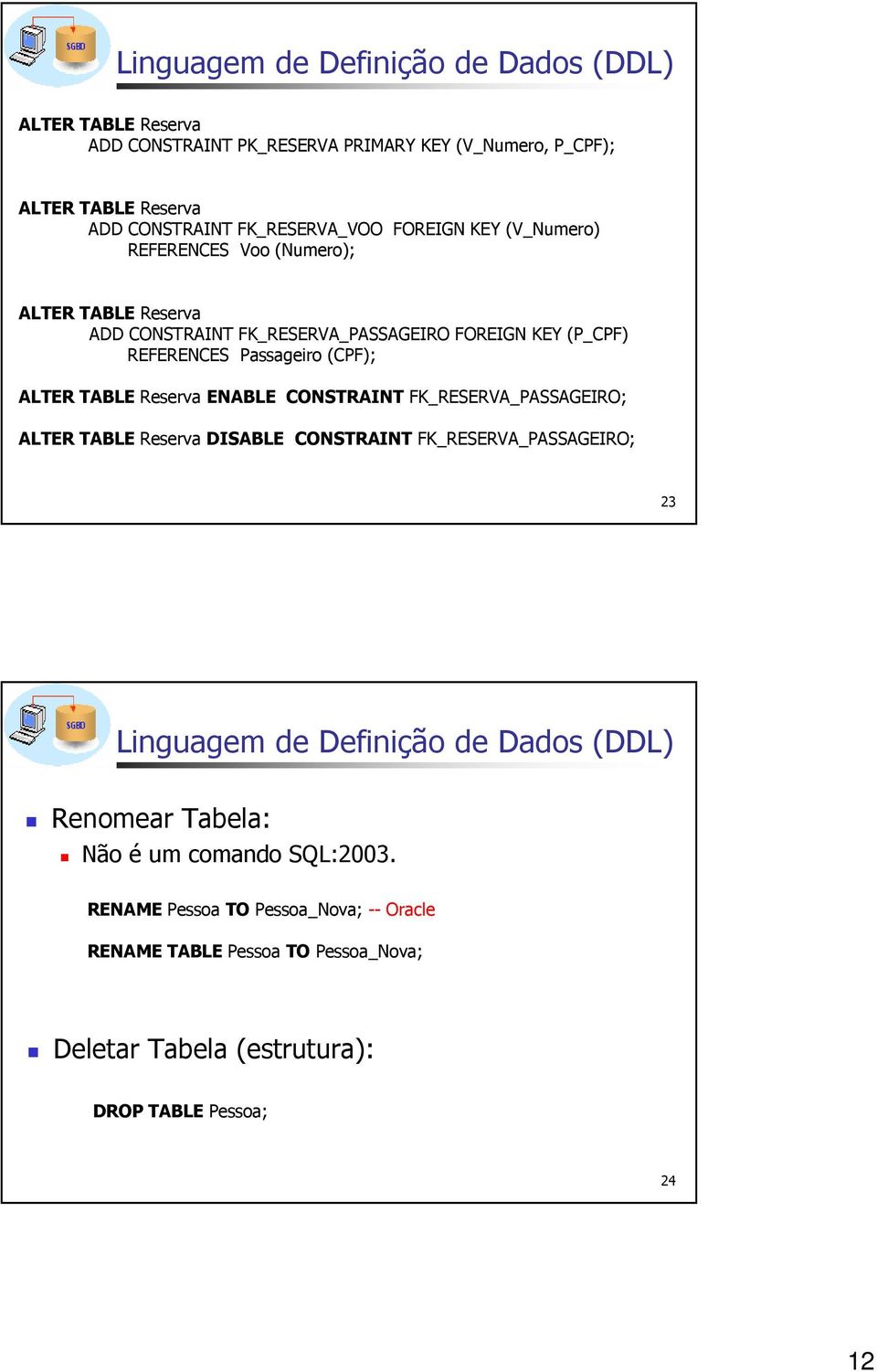 (CPF); ALTER TABLE Reserva ENABLE CONSTRAINT FK_RESERVA_PASSAGEIRO; ALTER TABLE Reserva DISABLE CONSTRAINT FK_RESERVA_PASSAGEIRO; 23 Linguagem de Definição de