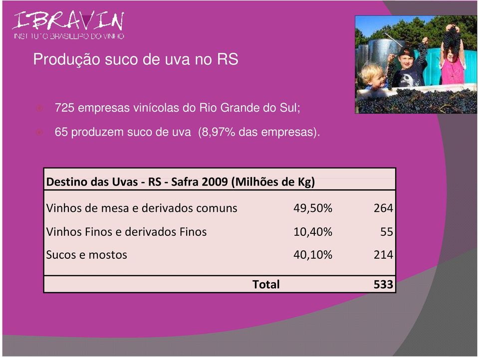 Destino das Uvas - RS - Safra 2009 (Milhões de Kg) Vinhos de mesa e