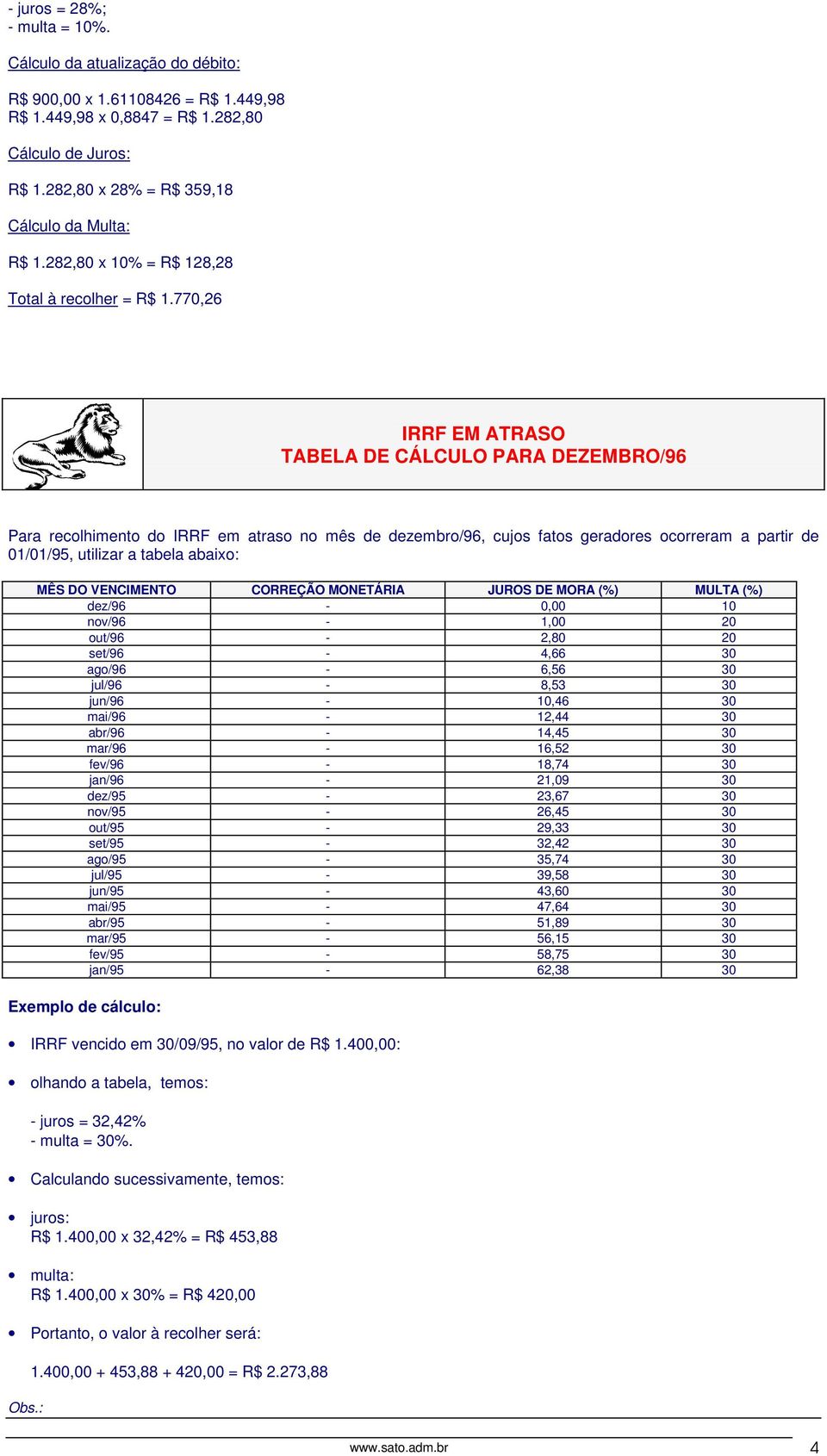 770,26 IRRF EM ATRASO TABELA DE CÁLCULO PARA DEZEMBRO/96 Para recolhimento do IRRF em atraso no mês de dezembro/96, cujos fatos geradores ocorreram a partir de 01/01/95, utilizar a tabela abaixo: MÊS