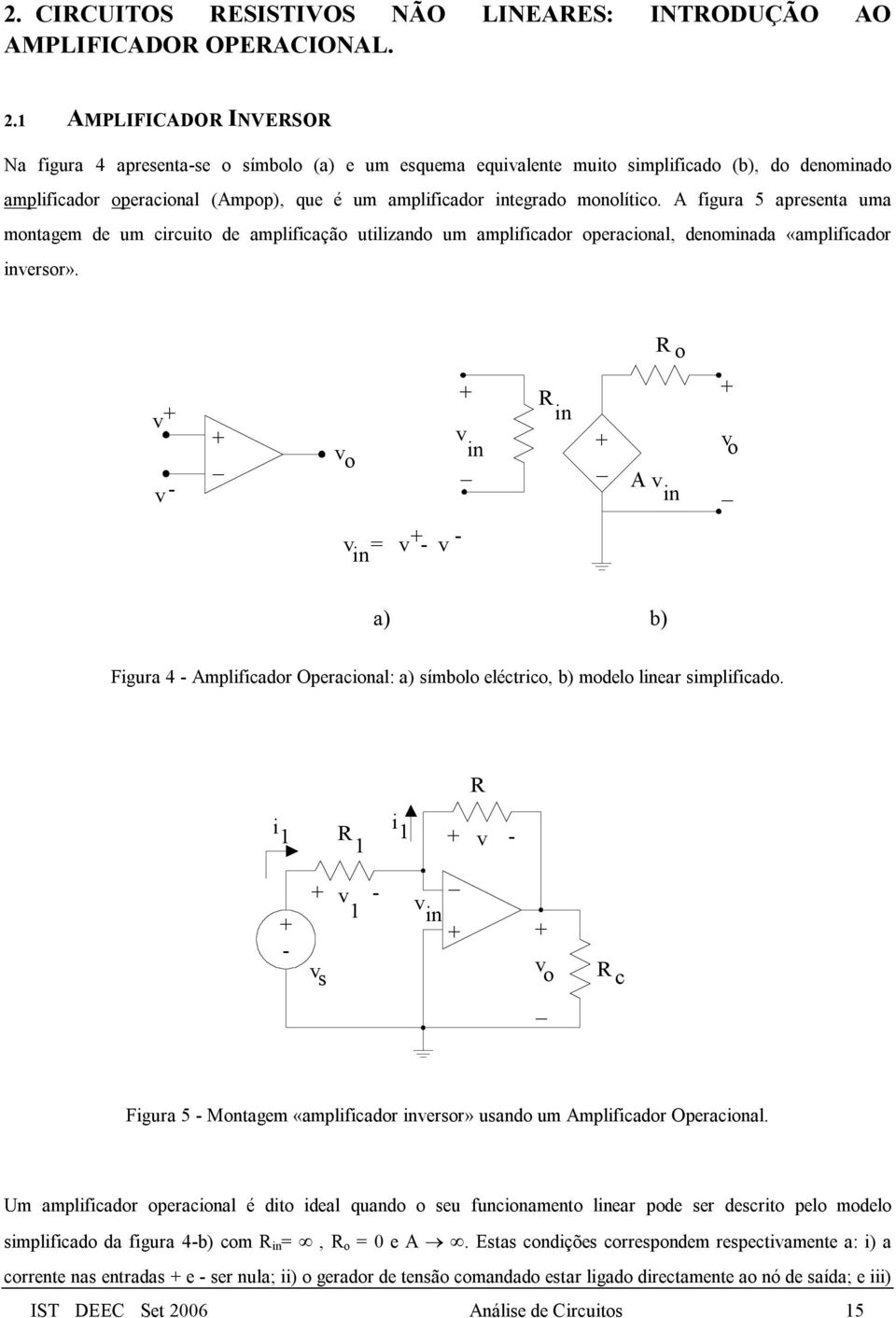 monolítico. A figura 5 apresenta uma montagem de um circuito de amplificação utilizando um amplificador operacional, denominada «amplificador inversor».