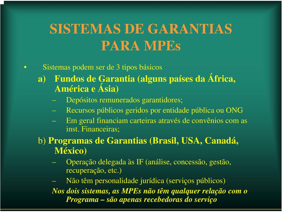 Financeiras; b) Programas de Garantias (Brasil, USA, Canadá, México) Operação delegada às IF (análise, concessão, gestão, recuperação, etc.