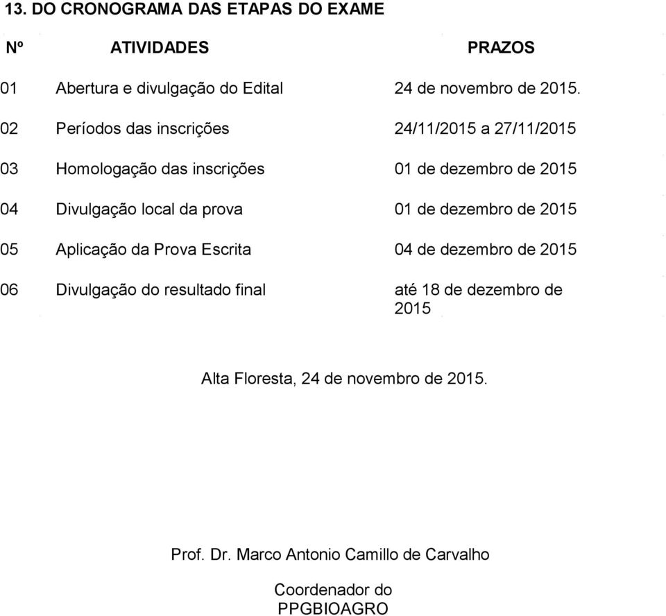 da prova 01 de dezembro de 2015 05 Aplicação da Prova Escrita 04 de dezembro de 2015 06 Divulgação do resultado final até