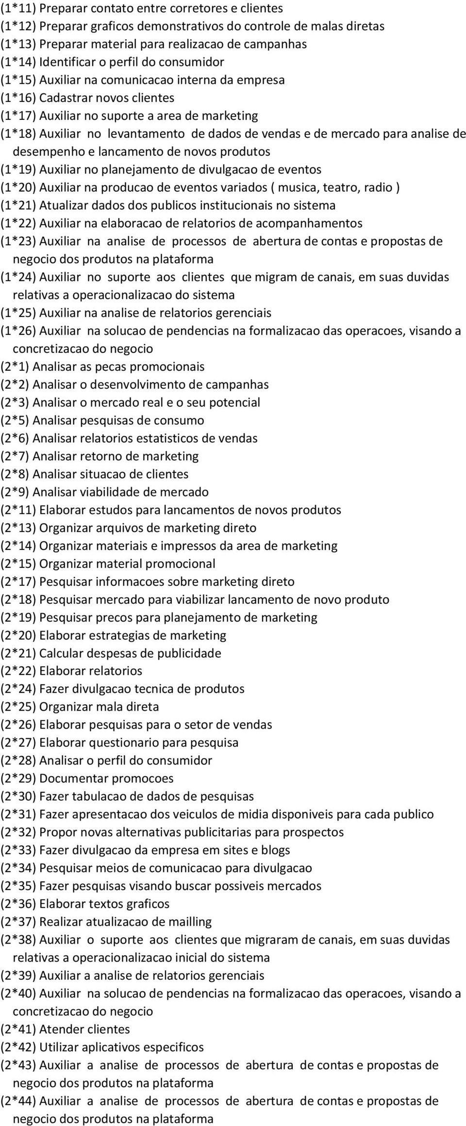 vendas e de mercado para analise de desempenho e lancamento de novos produtos (1*19) Auxiliar no planejamento de divulgacao de eventos (1*20) Auxiliar na producao de eventos variados ( musica,