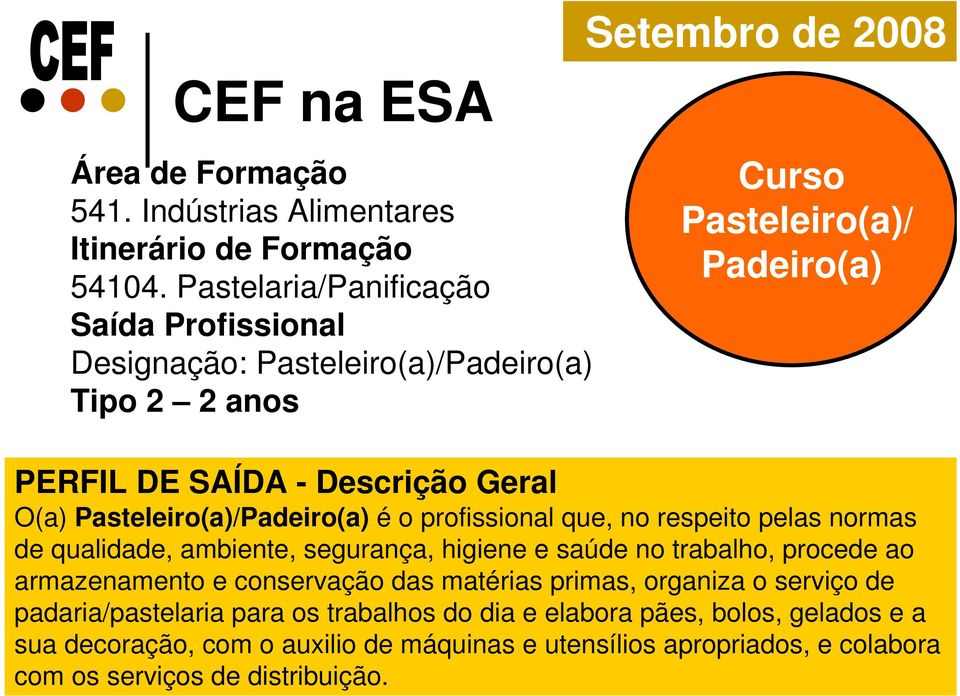 Pasteleiro(a)/Padeiro(a) é o profissional que, no respeito pelas normas de qualidade, ambiente, segurança, higiene e saúde no trabalho, procede ao armazenamento e