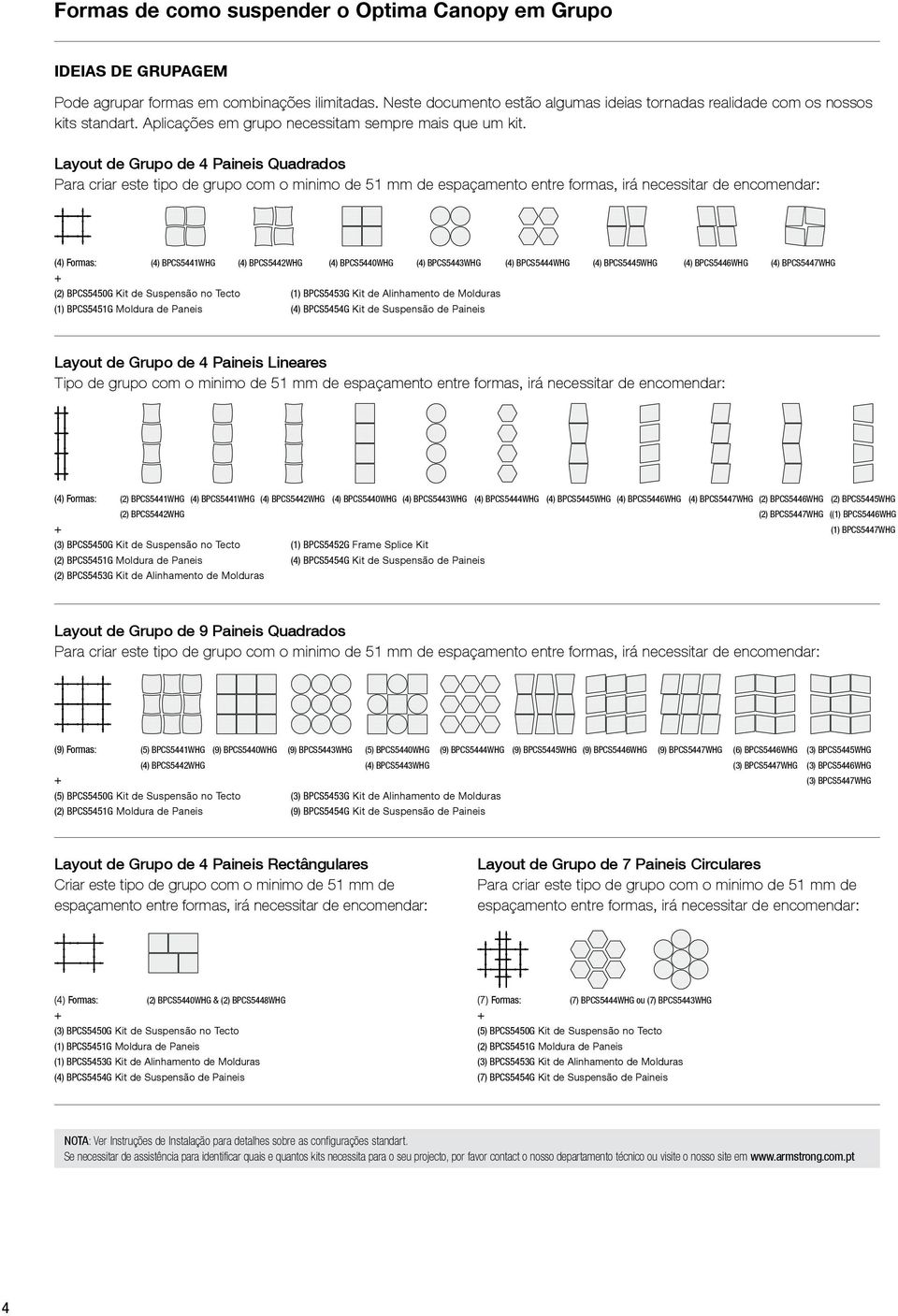 Layout de Grupo de 4 Paineis Quadrados Para criar este tipo de grupo com o minimo de 51 mm de espaçamento entre formas, irá necessitar de encomendar: (4) Formas: (4) BPCS5441WHG (4) BPCS5442WHG (4)