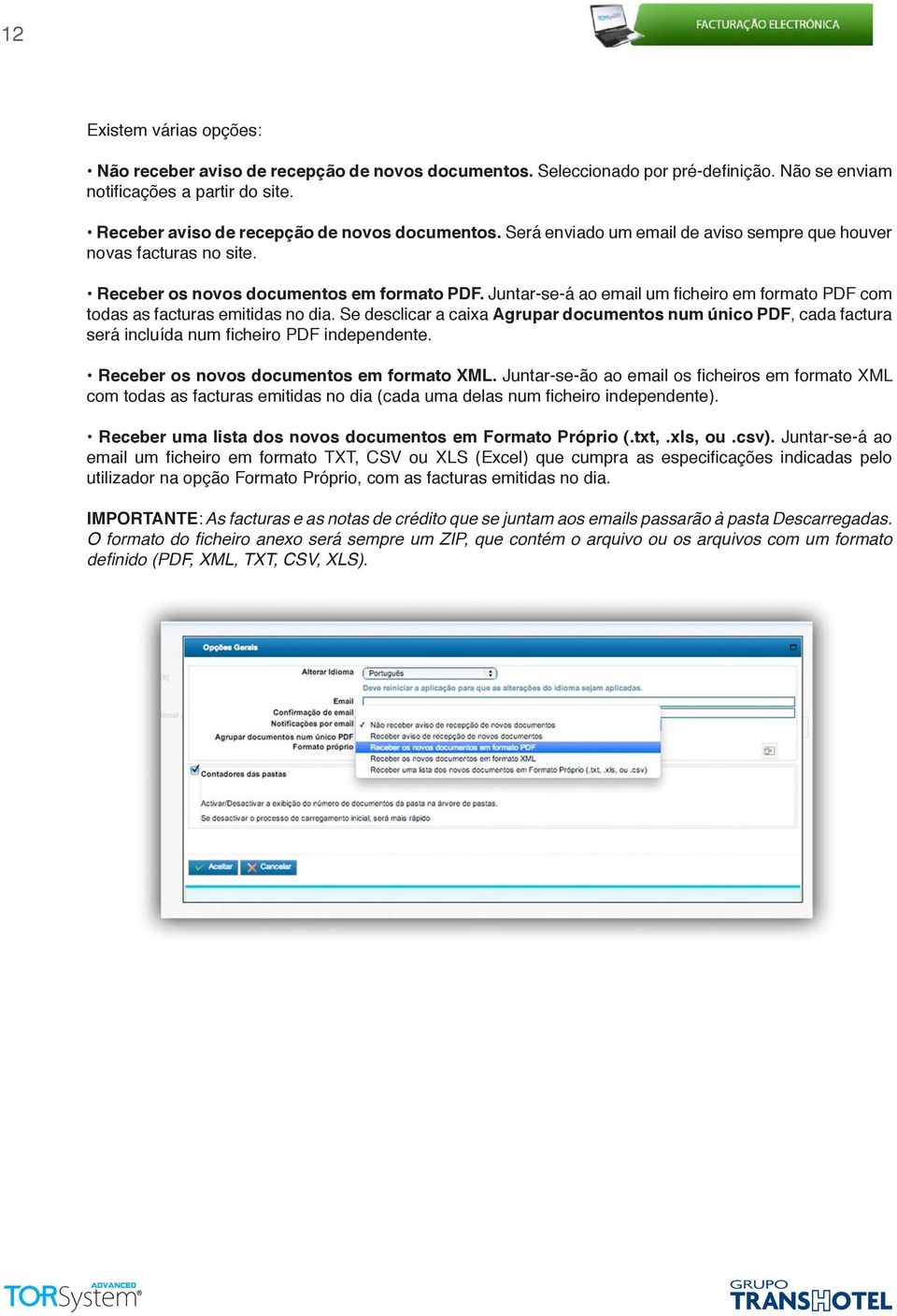 Juntar-se-á ao email um ficheiro em formato PDF com todas as facturas emitidas no dia. Se desclicar a caixa Agrupar documentos num único PDF, cada factura será incluída num ficheiro PDF independente.