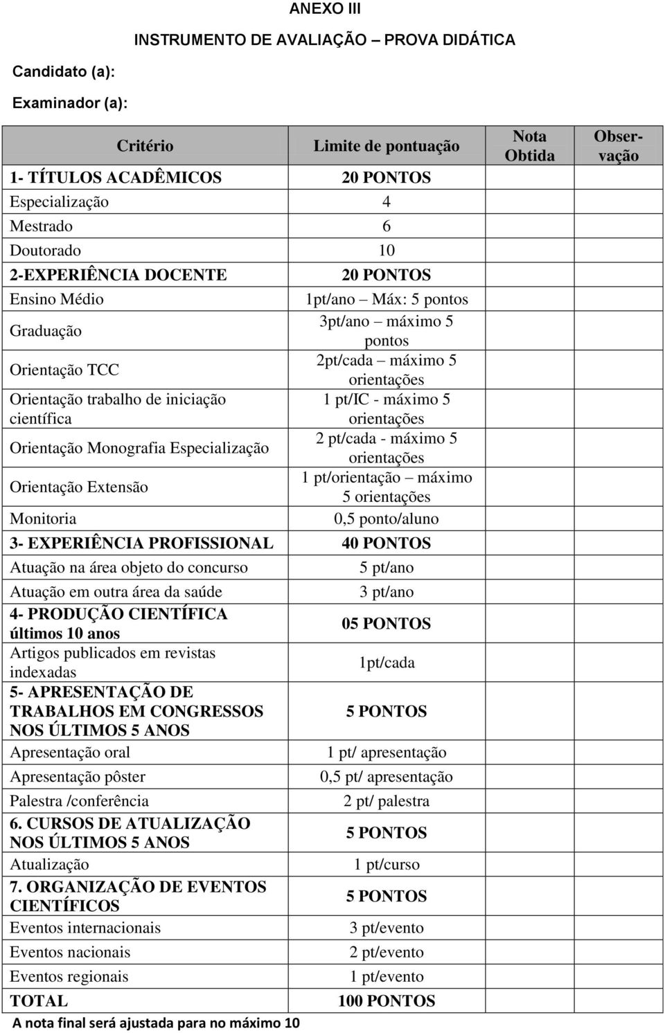 máximo 5 pontos 2pt/cada máximo 5 orientações 1 pt/ic - máximo 5 orientações 2 pt/cada - máximo 5 orientações 1 pt/orientação máximo 5 orientações 0,5 ponto/aluno 3- EXPERIÊNCIA PROFISSIONAL 40