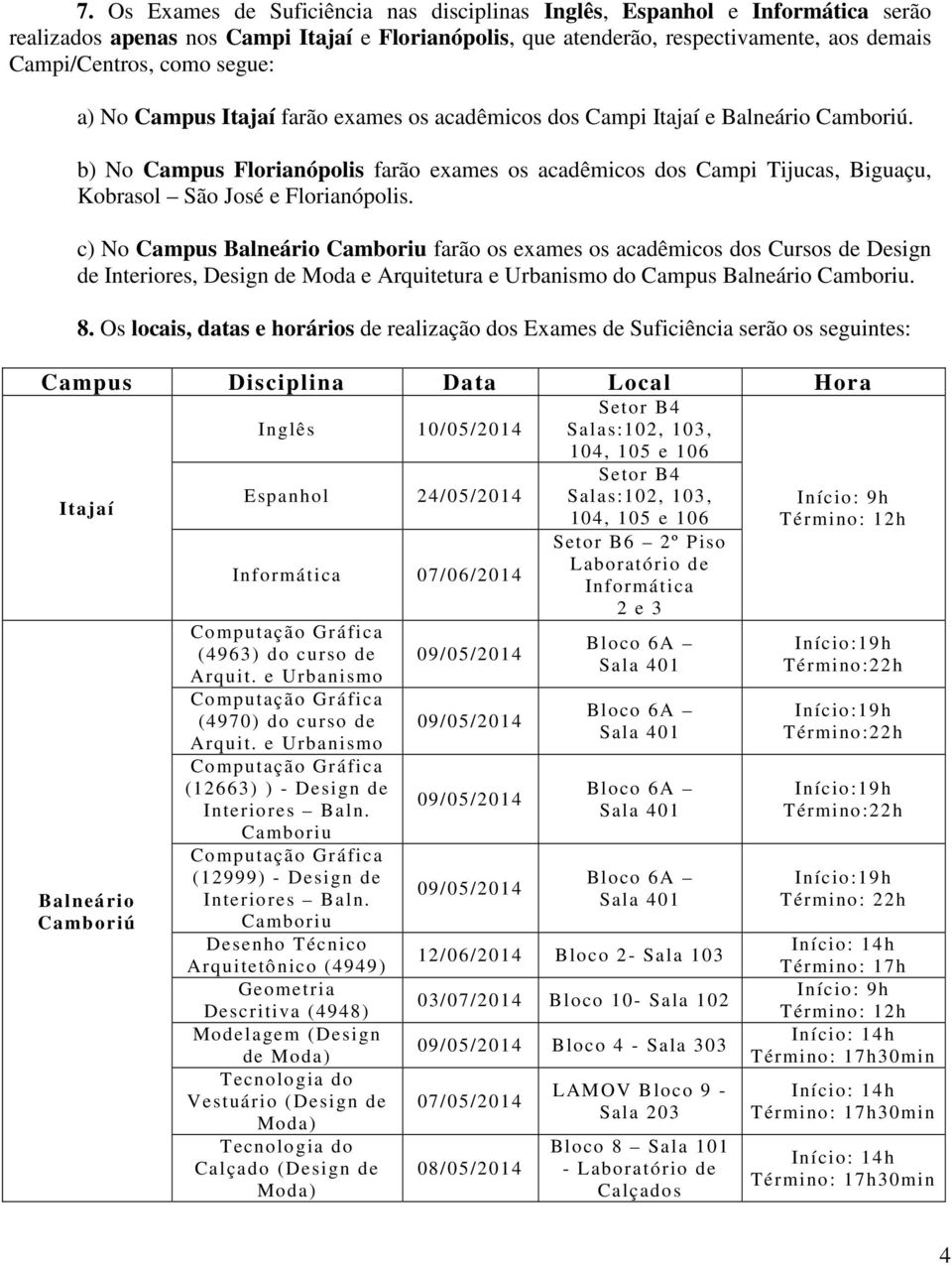 c) No Campus Balneário Camboriu farão os exames os acadêmicos dos Cursos de Design de Interiores, Design de Moda e Arquitetura e Urbanismo do Campus Balneário Camboriu. 8.