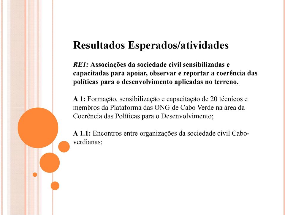 A 1: Formação, sensibilização e capacitação de 20 técnicos e membros da Plataforma das ONG de Cabo Verde na