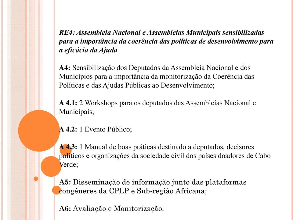 1: 2 Workshops para os deputados das Assembleias Nacional e Municipais; A 4.2: 1 Evento Público; A 4.