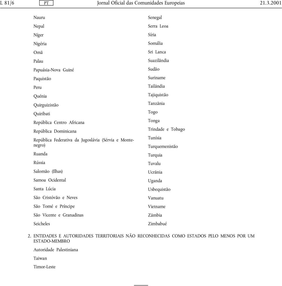 Jugoslávia (Sérvia e Montenegro) Ruanda Rússia Salomão (Ilhas) Samoa Ocidental Santa Lúcia São Cristóvão e Neves São Tomé e Príncipe São Vicente e Granadinas Seicheles Senegal Serra