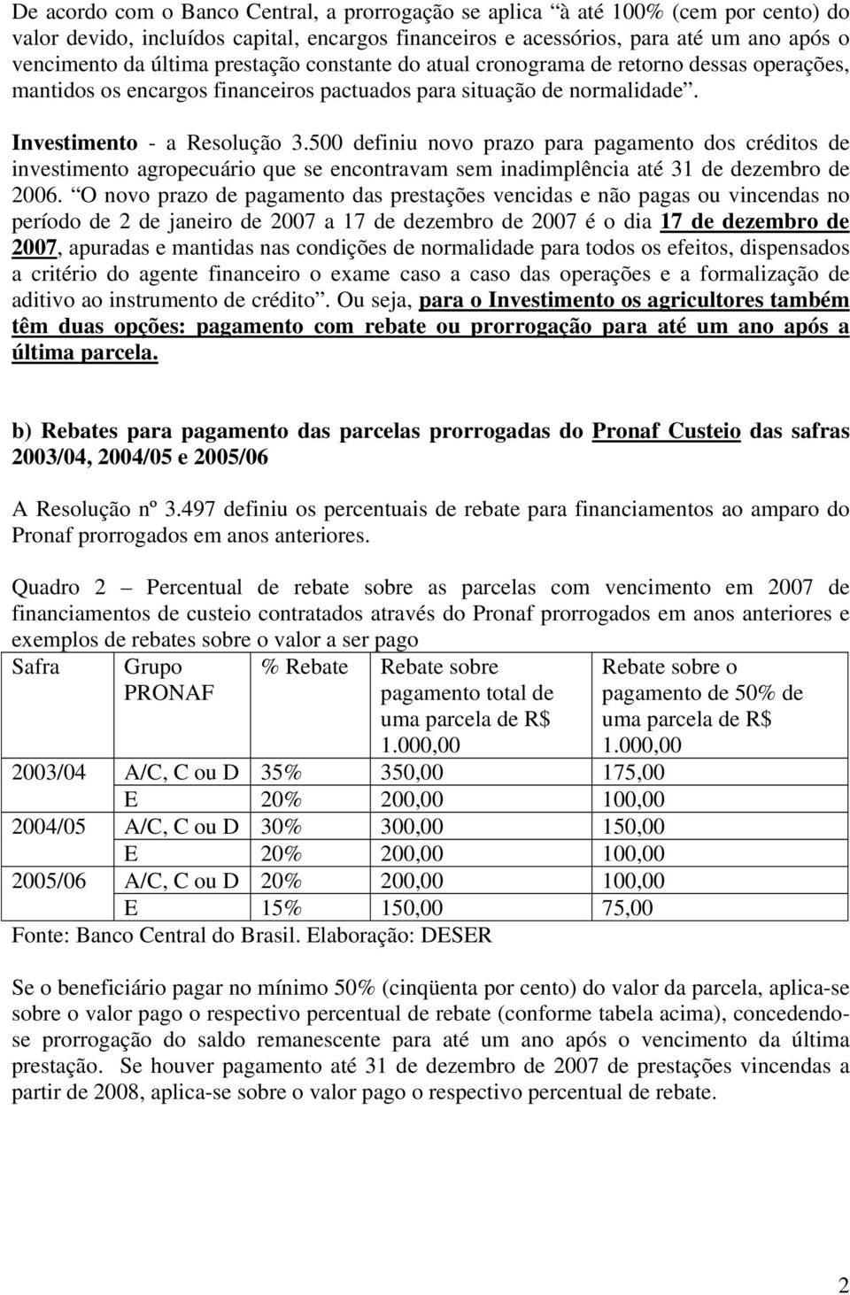 500 definiu novo prazo para pagamento dos créditos de investimento agropecuário que se encontravam sem inadimplência até 31 de dezembro de 2006.