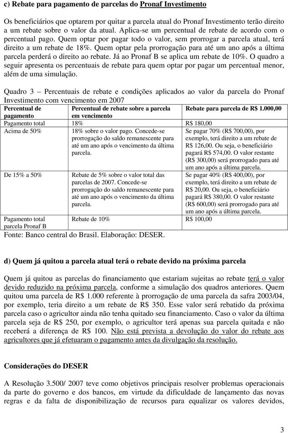 Quem optar pela prorrogação para até um ano após a última parcela perderá o direito ao rebate. Já ao Pronaf B se aplica um rebate de 10%.