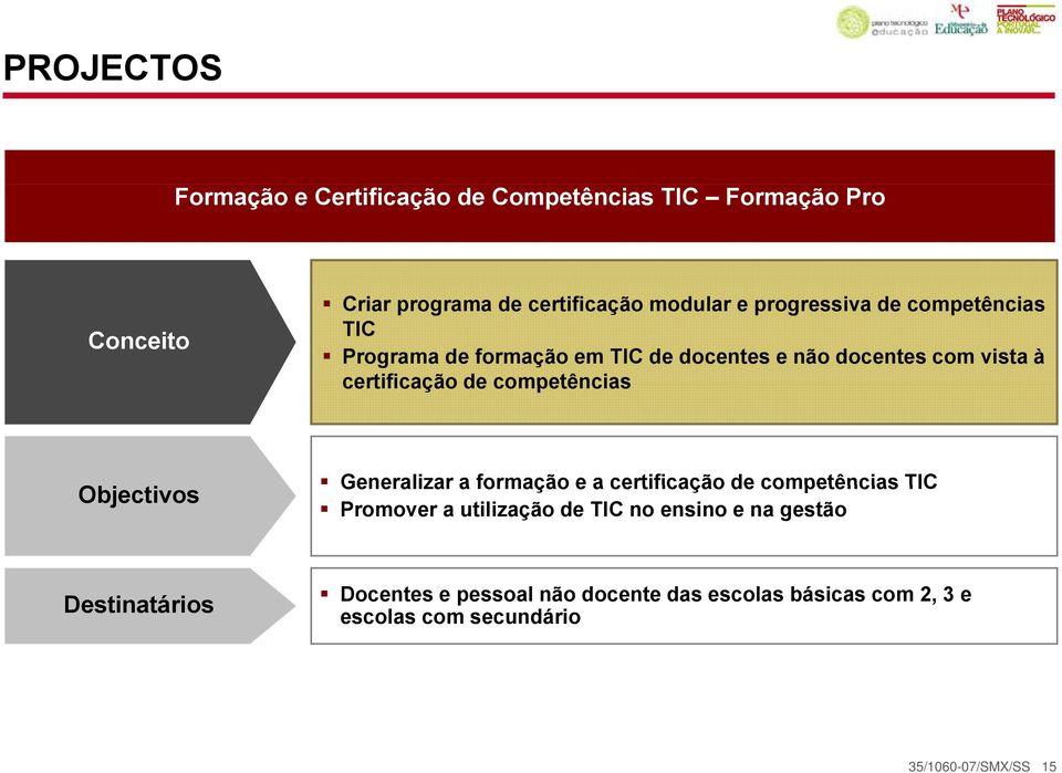 certificação de competências Generalizar a formação e a certificação de competências TIC Promover a