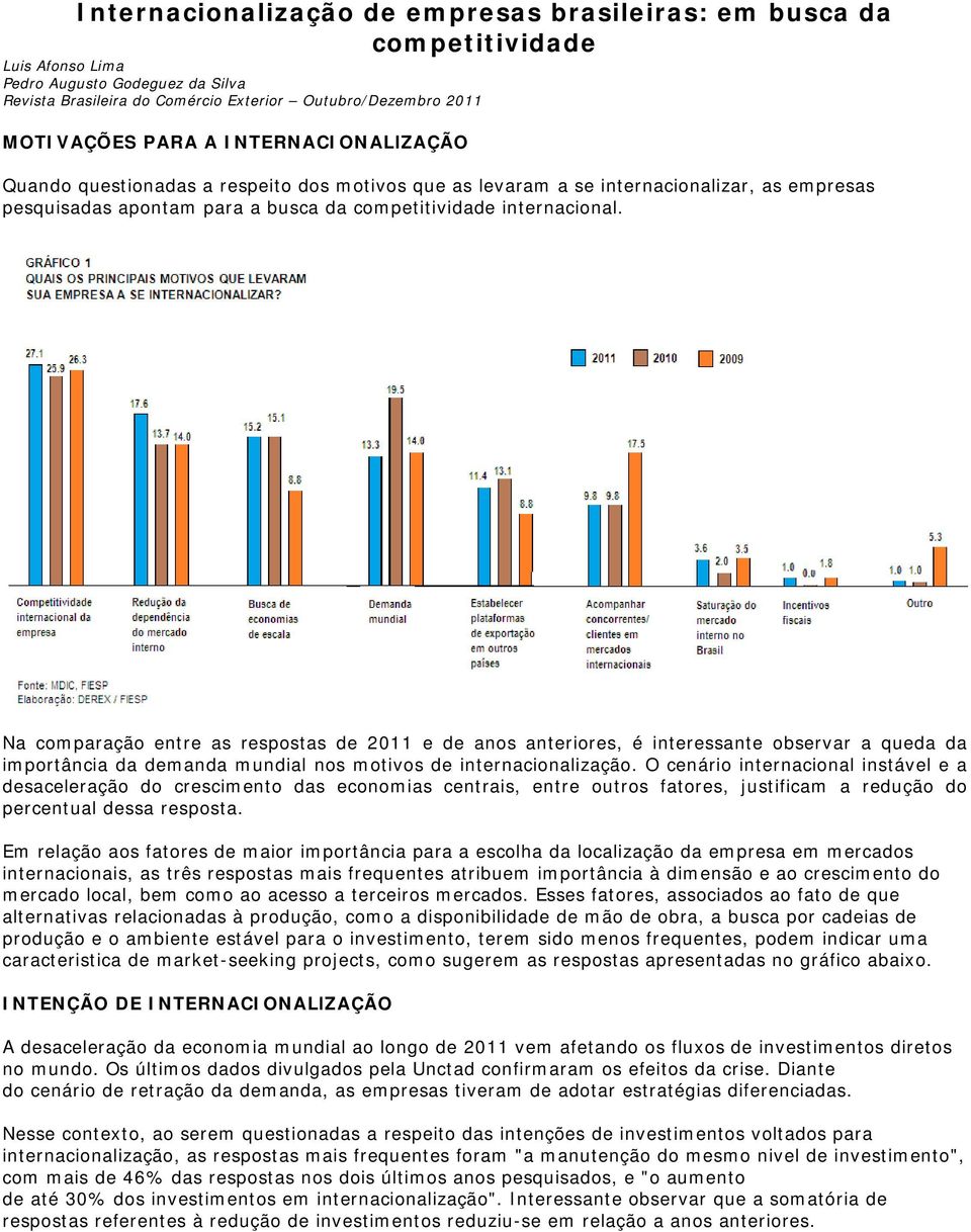 Na comparação entre as respostas de 2011 e de anos anteriores, é interessante observar a queda da importância da demanda mundial nos motivos de internacionalização.