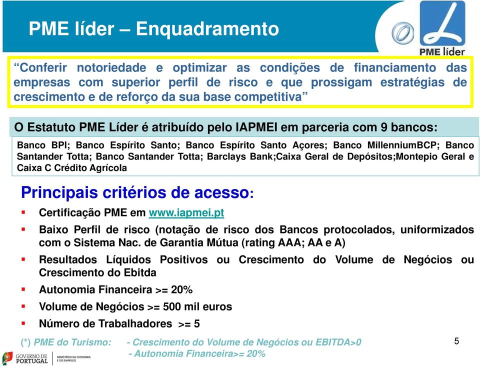 Santander Totta; Barclays Bank;Caixa Geral de Depósitos;Montepio Geral e Caixa C Crédito Agrícola Principais critérios de acesso: Certificação PME em www.iapmei.