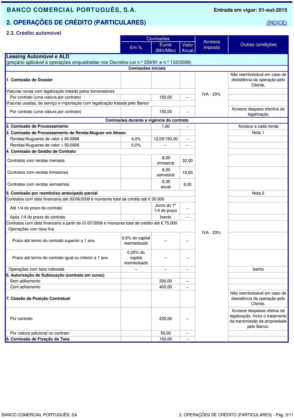 (Mín/Máx) Valor Anual Leasing Automóvel e AL (preçário aplicável a operações enquadradas nos ecretos-lei n.º 359/91 e n.º 133/2009) iniciais 1. Comissão de ossier 3.