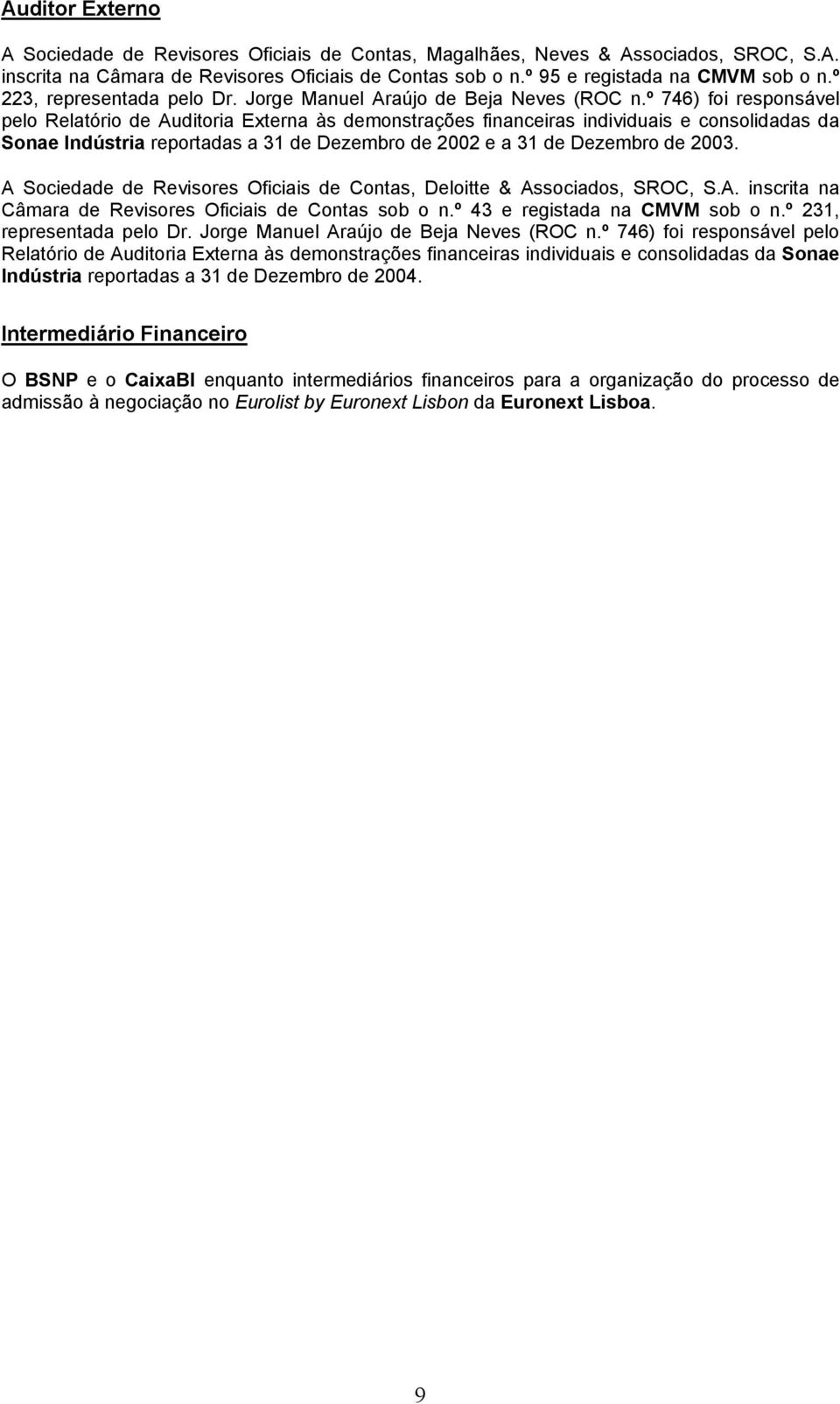 º 746) foi responsável pelo Relatório de Auditoria Externa às demonstrações financeiras individuais e consolidadas da Sonae Indústria reportadas a 31 de Dezembro de 2002 e a 31 de Dezembro de 2003.