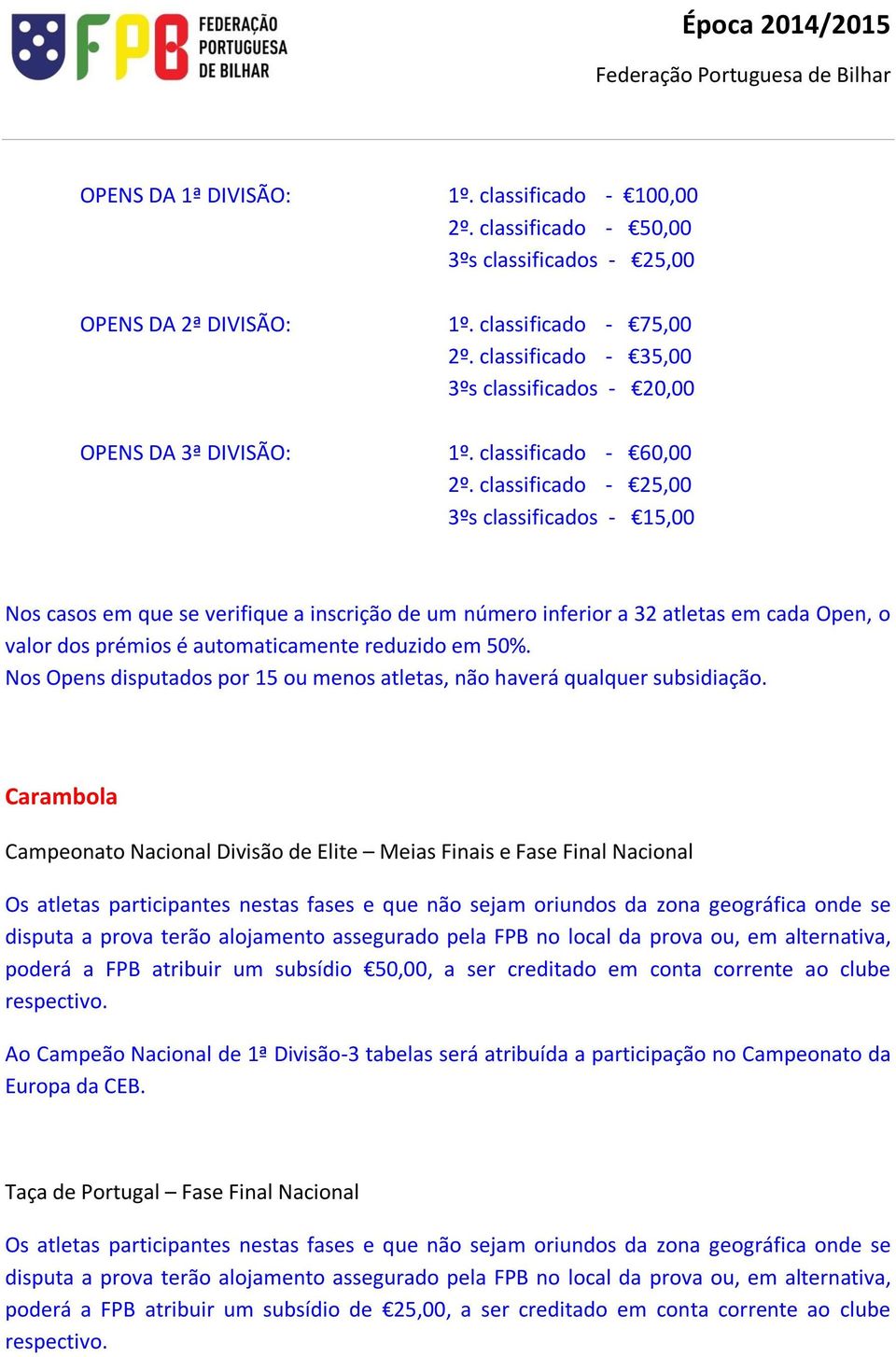 classificado - 25,00 3ºs classificados - 15,00 Nos casos em que se verifique a inscrição de um número inferior a 32 atletas em cada Open, o valor dos prémios é automaticamente reduzido em 50%.