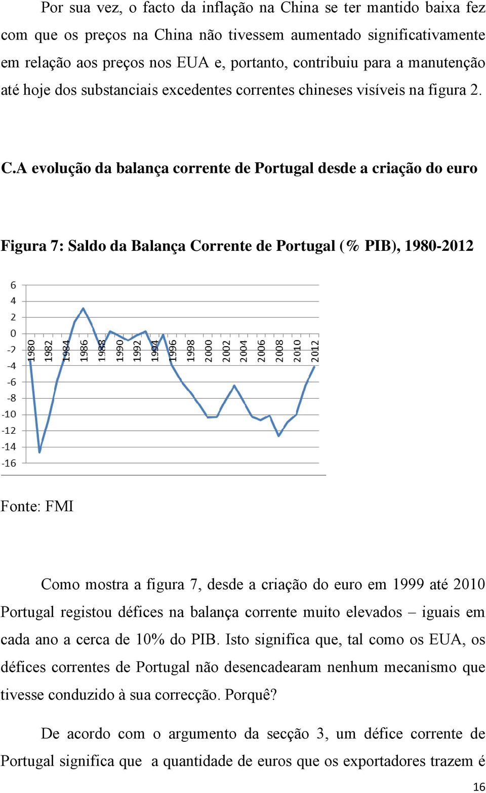 A evolução da balança corrente de Portugal desde a criação do euro Figura 7: Saldo da Balança Corrente de Portugal (% PIB), 1980-2012 Fonte: FMI Como mostra a figura 7, desde a criação do euro em