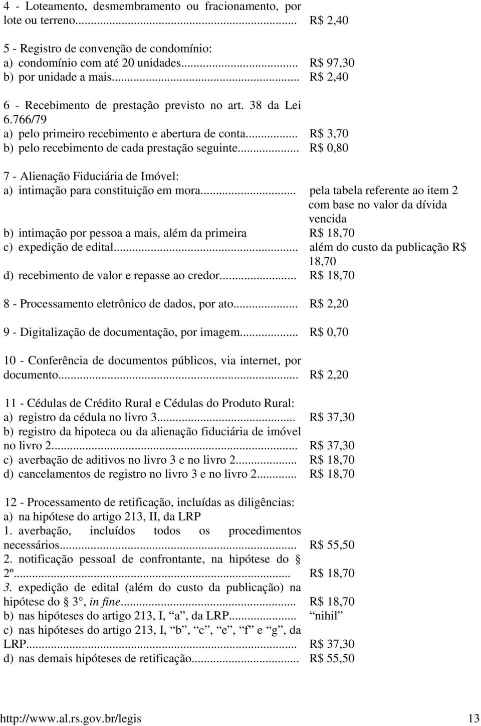 .. R$ 0,80 7 - Alienação Fiduciária de Imóvel: a) intimação para constituição em mora.