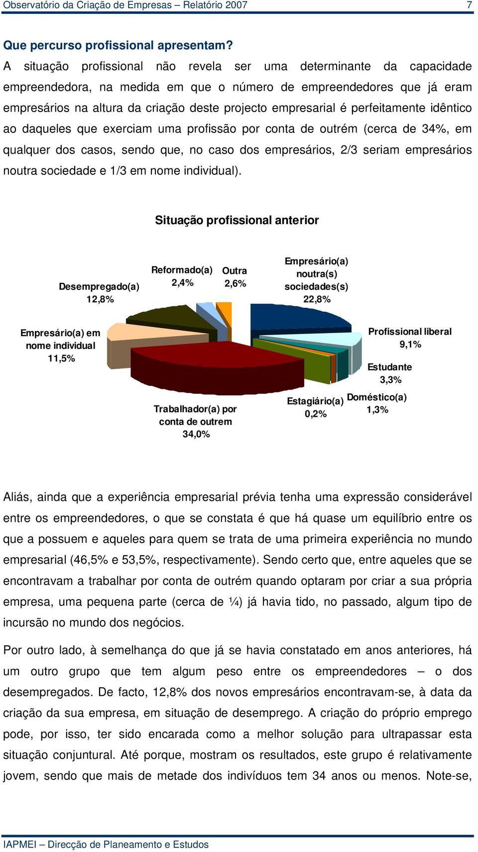 empresarial é perfeitamente idêntico ao daqueles que exerciam uma profissão por conta de outrém (cerca de 34%, em qualquer dos casos, sendo que, no caso dos empresários, 2/3 seriam empresários noutra