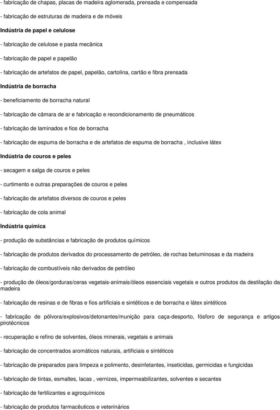 fabricação e recondicionamento de pneumáticos - fabricação de laminados e fios de borracha - fabricação de espuma de borracha e de artefatos de espuma de borracha, inclusive látex Indústria de couros