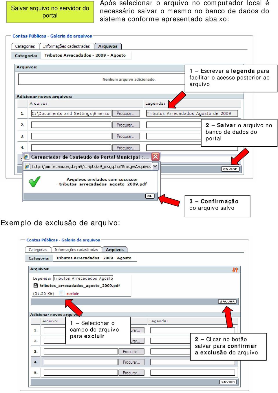 ao arquivo 2 Salvar o arquivo no banco de dados do portal 3 Confirmação do arquivo salvo Exemplo de exclusão de