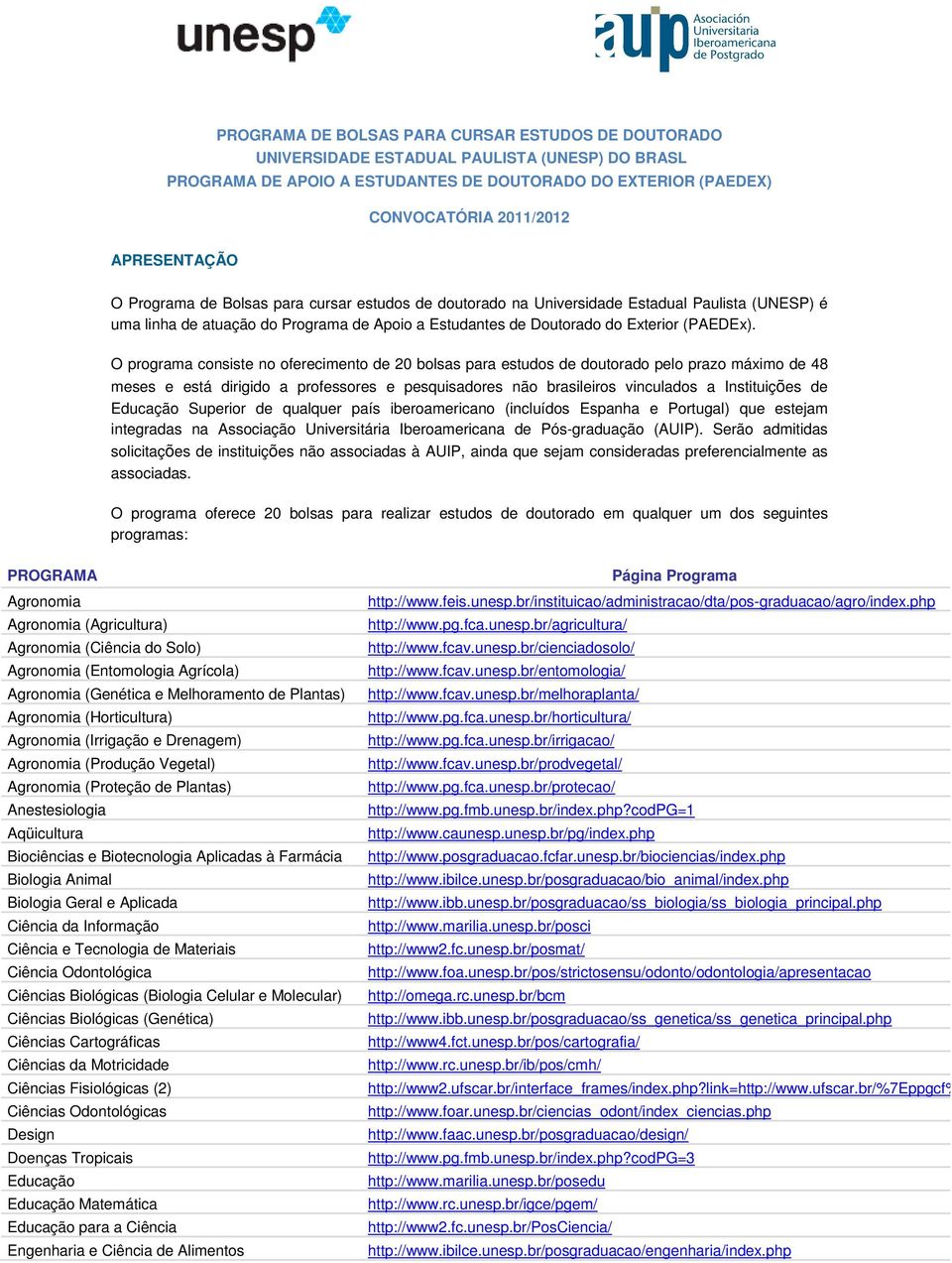 O programa consiste no oferecimento de 20 bolsas para estudos de doutorado pelo prazo máximo de 48 meses e está dirigido a professores e pesquisadores não brasileiros vinculados a Instituições de