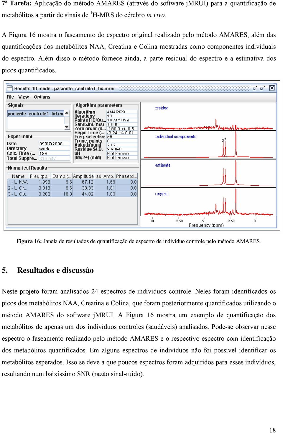 Além disso o método fornece ainda, a parte residual do espectro e a estimativa dos picos quantificados.