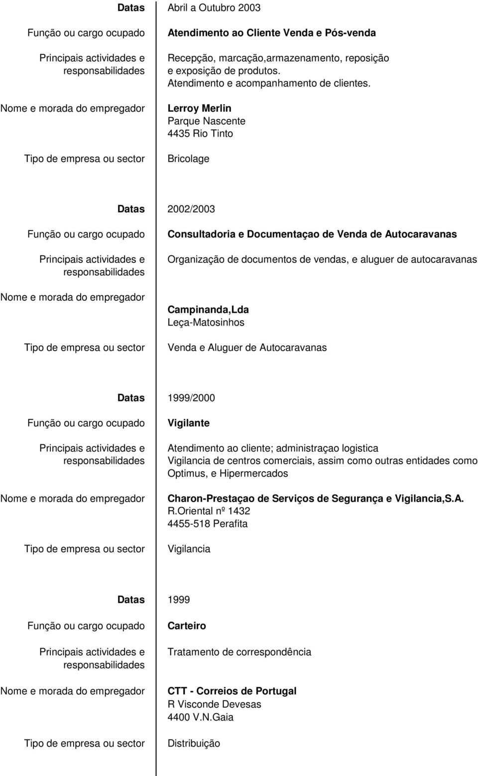 Leça-Matosinhos Venda e Aluguer de Autocaravanas 1999/2000 Vigilante Atendimento ao cliente; administraçao logistica Vigilancia de centros comerciais, assim como outras entidades como Optimus, e