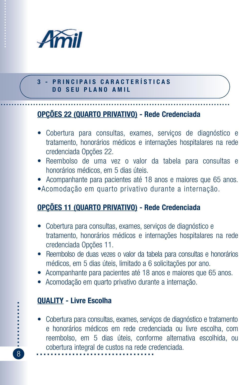 Reembolso de uma vez o valor da tabela para consultas e honorários médicos, em 5 dias úteis. Acompanhante para pacientes até 18 anos e maiores que 65 anos.