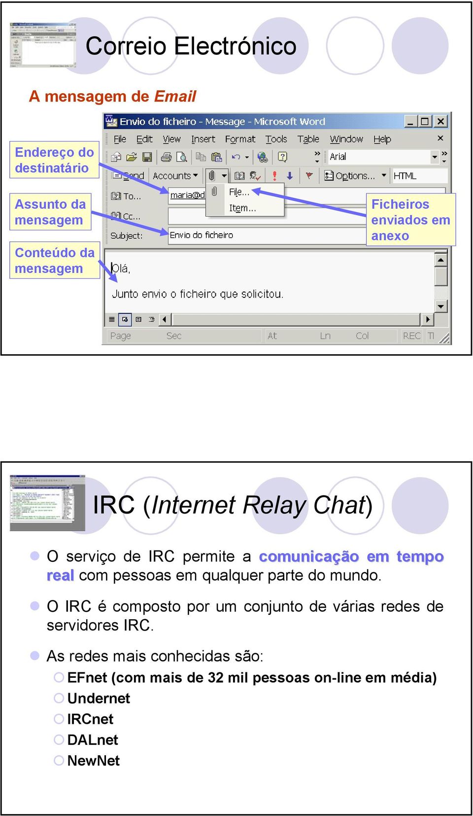 com pessoas em qualquer parte do mundo. O IRC é composto por um conjunto de várias redes de servidores IRC.