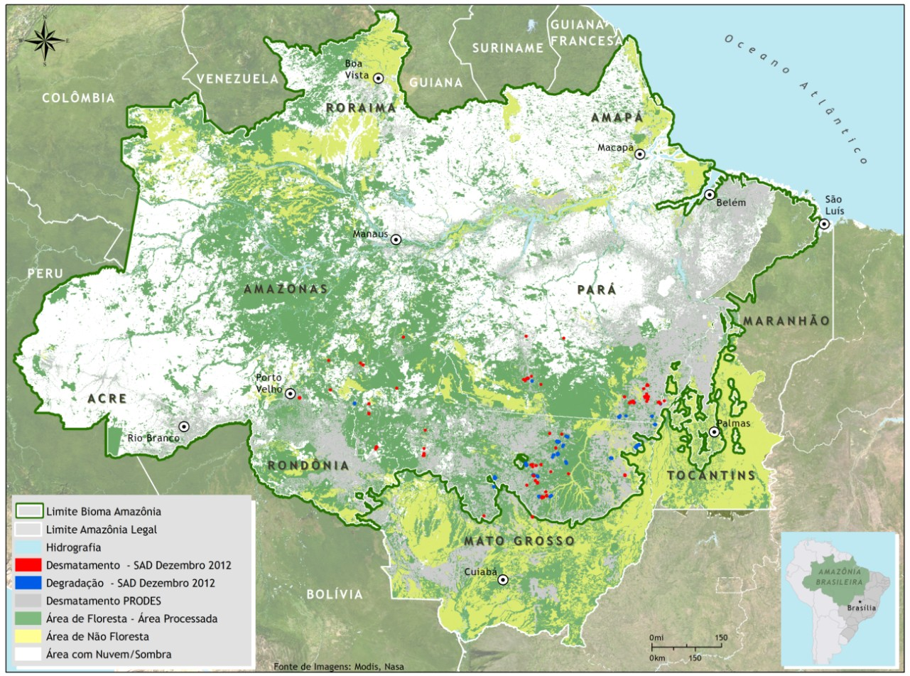 Dezembro de 2012 Cobertura de Nuvem e Sombra Em dezembro de 2012, foi possível monitorar com maior cobertura de nuvem foram Acre (100%), apenas com o SAD 44% da área florestal na Amazônia Amapá