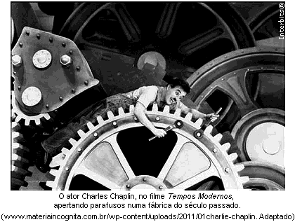 Texto III O ator Charles Chaplin, no filme Tempos Modernos, apertando parafusos numa fábrica do século passado. (www.materiaincognita.com.br/wp-content/uploads/2011/01charlie-chaplin.