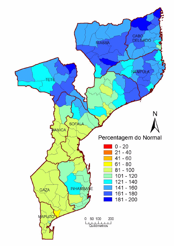2.2. Época Chuvosa 2004/05 Figura 1. Precipitação: Percentagem do Normal por Distrito Baseado em Estimativas da Precipitação por Satélite a. 01 de Outubro a 31 de b.