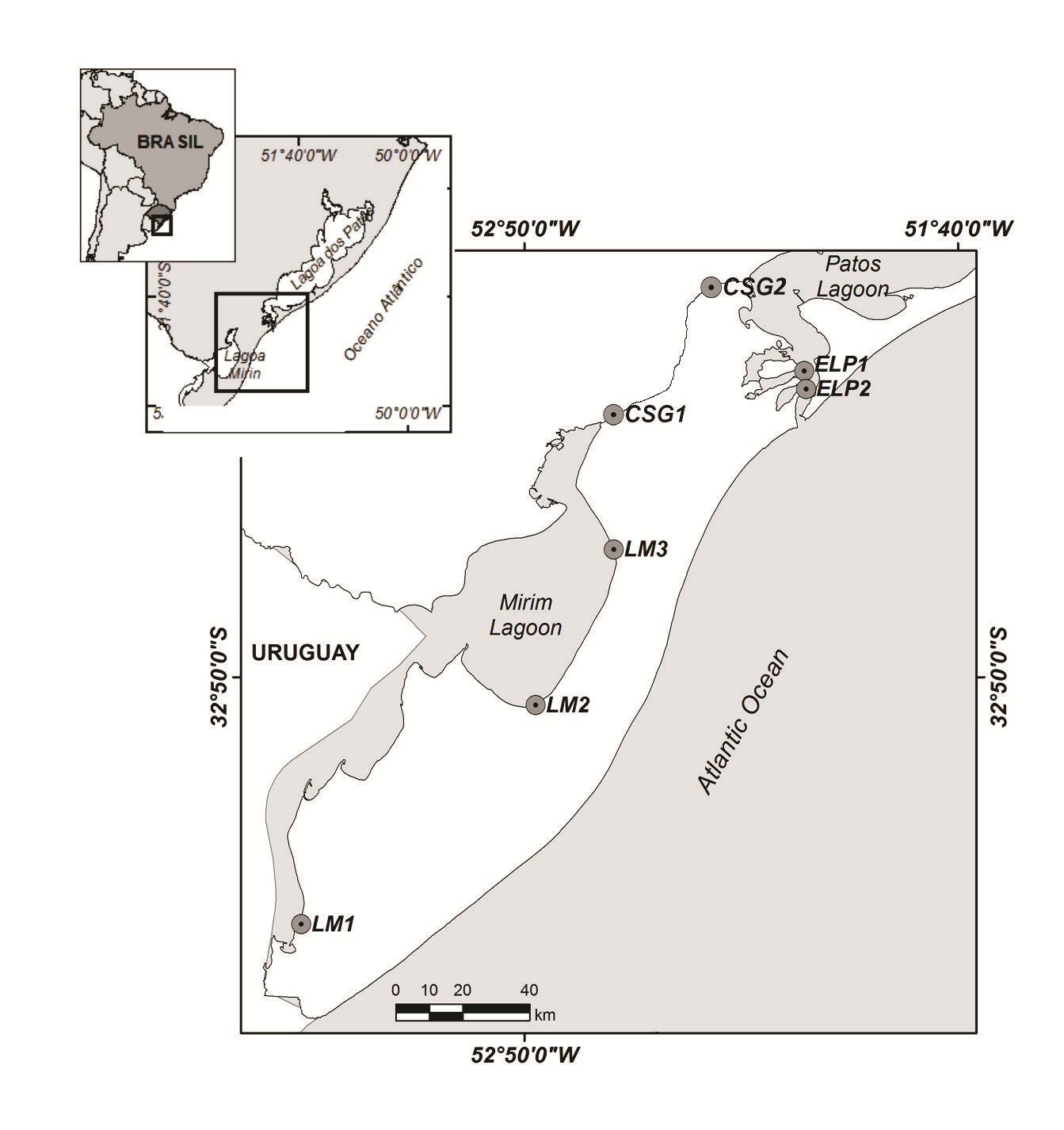 Figura 1 - Mapa do complexo lagunar Patos - Mirim com a localização dos pontos de amostragem do