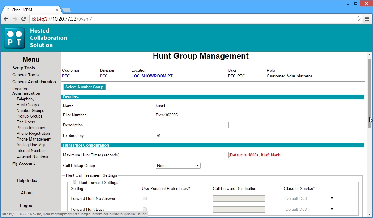 3. Na listagem dos grupos que estão definidos selecionar o nome de um Hunt Group já existente para edição.