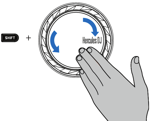 8 - DEFINIR A VELOCIDADE DE UMA FAIXA (PITCH) Para acelerar ou abrandar a velocidade de uma faixa, prima o botão SHIFT enquanto roda a jog wheel no