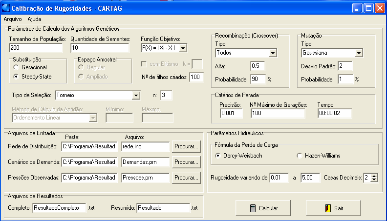 56 (Calibração Automática de Rugosidades de Tubulações por Algoritmos Genéticos). A figura 4.1 apresenta a principal janela do programa CARTAG, onde se observa a interface amigável do aplicativo.