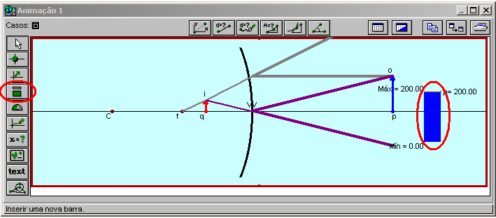 6) Na animação do espelho convexo clicar em opções na janela Controle e mudar a variável independente para t.